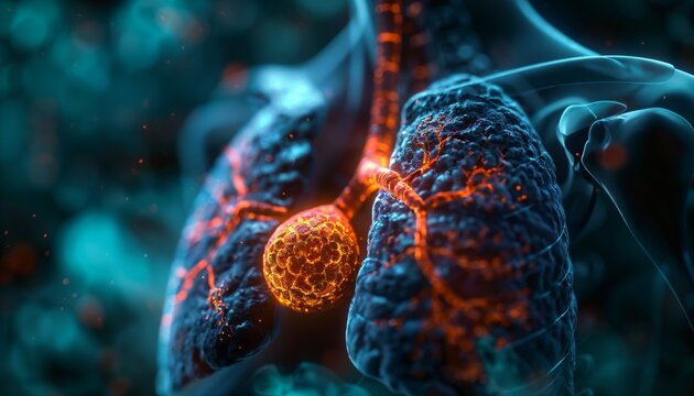 Lung cancer tumors illustrated within the lung's anatomy, detailed and highlighted by vivid lighting