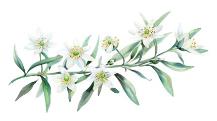Watercolor edelweiss clipart with small white flowers and green leaves
