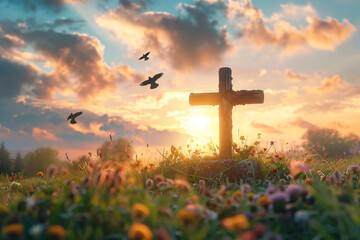 Christian cross on beautiful spring field with flowers at sunrise. Resurrection of Jesus, crucifixion. Easter morning, Good Friday. Peace and hope. Religion and christianity concept