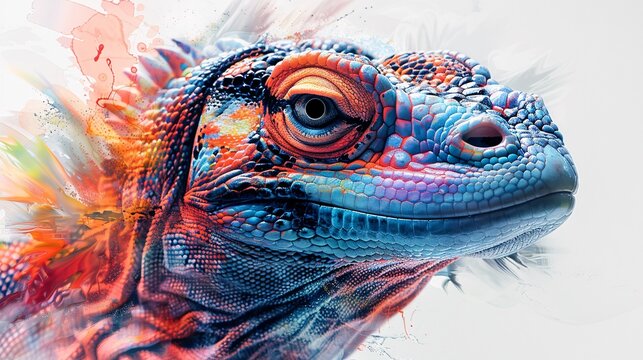 an abstract komodo dragon portrait infused with colorful double exposure paint