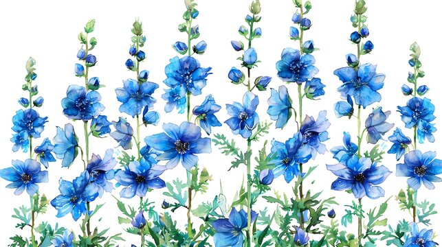 Watercolor delphinium clipart with tall spikes of blue flowers