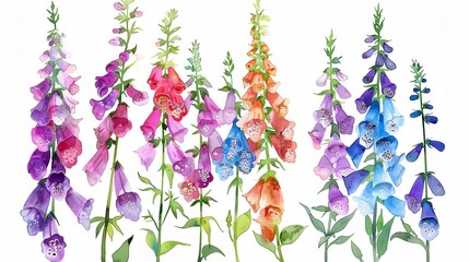 Watercolor foxglove clipart with tall spires of colorful flowers