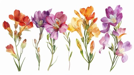 Watercolor freesia clipart with fragrant blooms in various colors - obrazy, fototapety, plakaty