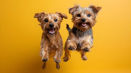 Joyful Leaps: Duo of Norfolk Terriers Against a Sunny Backdrop. Concept Pets, Dogs, Norfolk Terriers, Outdoor Photoshoot, Joyful Poses - obrazy, fototapety, plakaty