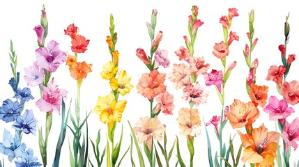 Watercolor gladiolus clipart with tall spikes of colorful blooms
