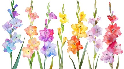 Watercolor gladiolus clipart with tall spikes of colorful blooms