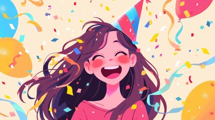A girl wearing a party hat is joyfully celebrating her birthday
