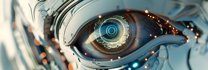 Intricate blend of cyborg female visage and high tech cyber security, A close up of an eye with the word eye on it.  - obrazy, fototapety, plakaty
