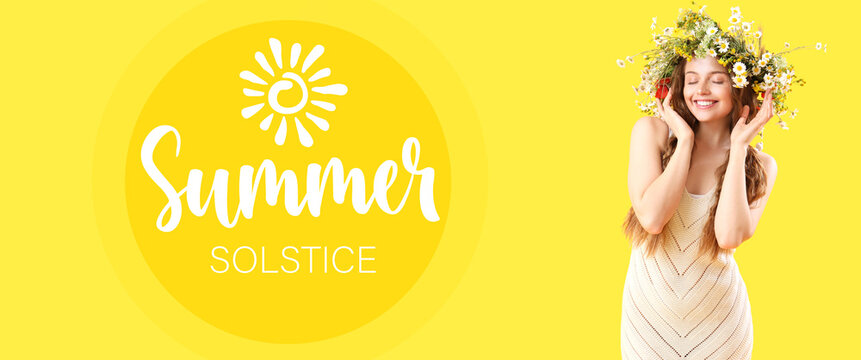 Beautiful young woman in flower wreath on yellow background. Summer solstice