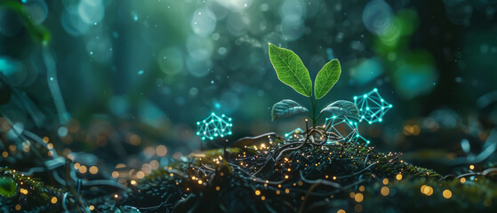 A plant is growing in a forest with a glowing background
