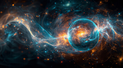 Obraz premium A colorful galaxy with a blue and orange ball in the middle