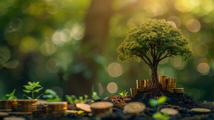 A tree growing out of a pile of money with a green background - obrazy, fototapety, plakaty