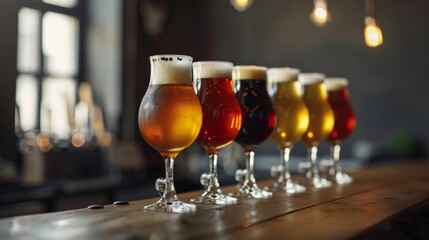 A variety of beers in different glasses are lined up on a bar.