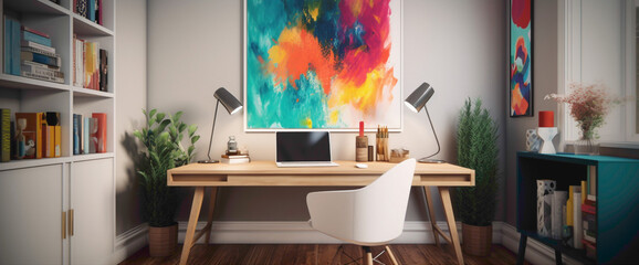 Explore an artistic office sanctuary highlighted by a blank white frame featuring a vibrant illustration. The colorful artwork serves as a visual centerpiece, stimulating creativity 