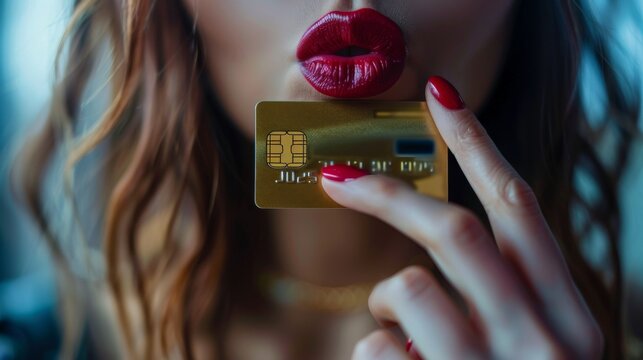 A woman holds a gold credit card between her lips.
