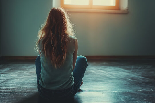&ldquo;Solitude&rdquo; A young women sits alone on the floor, gazing towards a bright window in a dimly lit room, evoking a sense of solitude.
