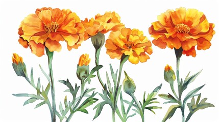 Watercolor marigold clipart with orange and yellow blooms