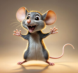 A cheerful cartoon mouse with its arms raised in celebration or excitement, depicted in a 3D render illustration.