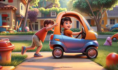 3d render illustration of a cartoon character, two children are playing outside with a small car