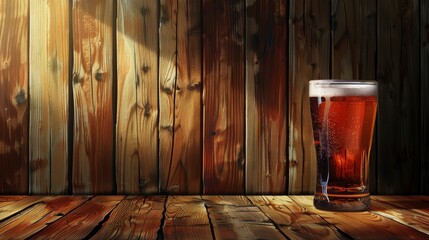 A wooden table with a single glass of beer sitting on it. There is a wooden wall in the background. - obrazy, fototapety, plakaty