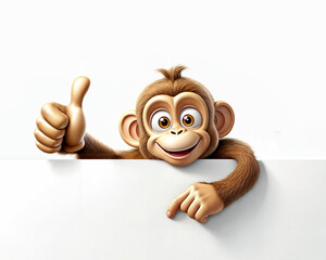 3d illustration ender of cartoon monkey character with a thumbs up is leaning out from behind a wall and pointing his finger to empty blank board banner