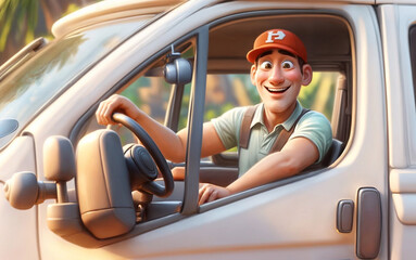 3d render illustration of a cartoon character a a happy confident professional driver sits in the driver's seat of a white truck with a big smile on his face