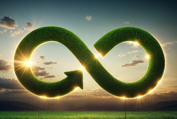 3d render illustration of a  green infinity symbol made of grass on a green field with a sky background and the sun casting a warm glow on the scene