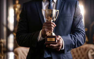 Businessman holding a golden trophy, Embodying Achievement and Business Goal Attainment