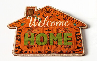 3d render illustration of colorful quilt mat design of home house shape with word text WELCOME HOME on white background.