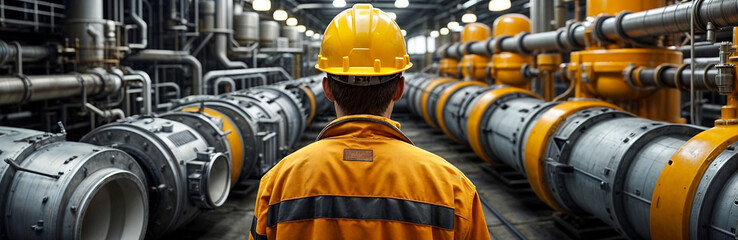 A man worker with hardhat wearing an orange and black jacket stands in front of a row of large yellow pipe lines inside a factory or industrial setting.