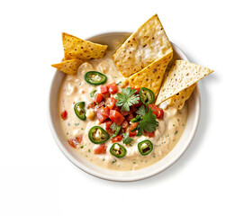 A bowl of spcy homemade Cheesey Queso Dip with tortilla chips on the side, topped with melted cheese, tomatoes and jalapenos
