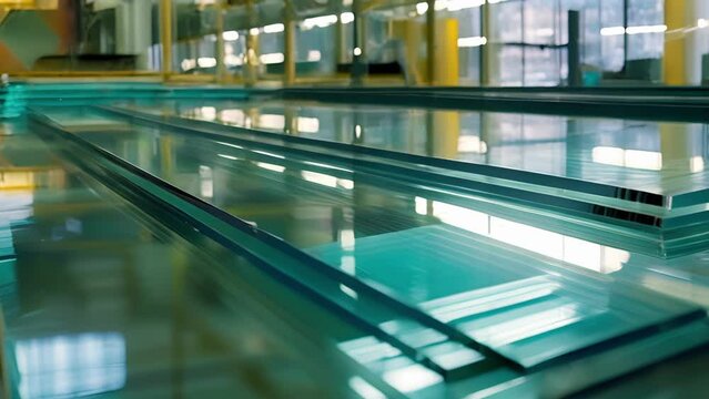 Large sheets of glass being carefully and inspected for imperfections before being used to encase solar cells. . .