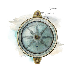 Compass png watercolor collage element, transparent background