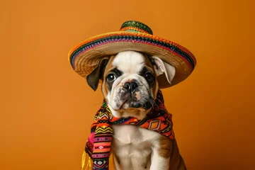 Tuinposter Cinco de Mayo celebration. Cute dog wearing a Mexican sombrero © ink drop