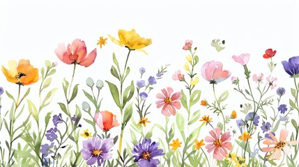 Watercolor wildflower clipart featuring a mix of colorful blooms and greenery