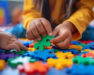 A close up of a child's hands putting the last piece in a puzzle.