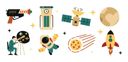 Set, collection of space and science icon clipart element isolated vector illustration