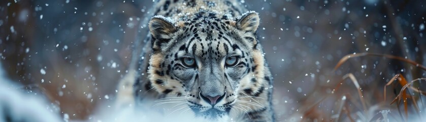 A snow leopard walking through the snow