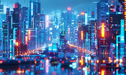 Fototapeta na wymiar Illustrate a futuristic cityscape using vibrant pixel art, highlighting the integration of Fintech services through sleek, neon-lit buildings and advanced digital interfaces