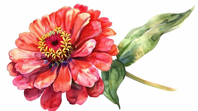 watercolor red zinnia flower with green leaves clip art preview