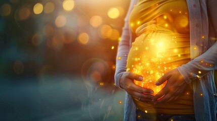 An illustration of a pregnant woman holding her belly with a glowing light inside. - obrazy, fototapety, plakaty