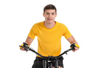 Obraz premium Young man riding modern bicycle on white background