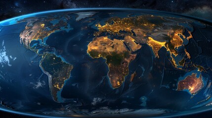 Blue and black shaded relief map of the Earth from space showing city lights.