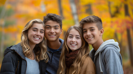 Four smiling teenagers in front of a blurry background of yellow fall leaves.

