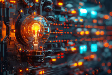 Fototapeta premium A glowing light bulb is surrounded by a network of wires and circuits