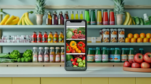 A smartphone is displaying images of fruits