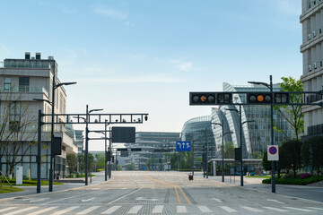 Zebra crossings and traffic lights on technology park roads， Chongqing, China.