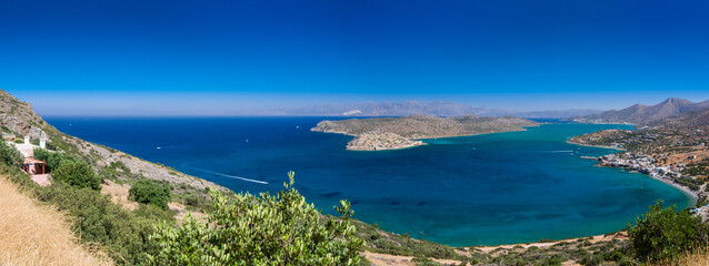 Overlooking Spinalonga island and peninsula from height (Plaka, Crete, Greece) - obrazy, fototapety, plakaty