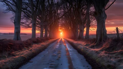 Sunset Serenade on a Tree-Lined Norfolk Road. Concept Nature, Sunset, Serenade, Trees, Norfolk Road - obrazy, fototapety, plakaty