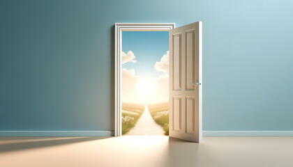 The concept of opportunity comes at all times, An open door leading to a bright and inviting landscape, symbolizing new beginnings and possibilities.